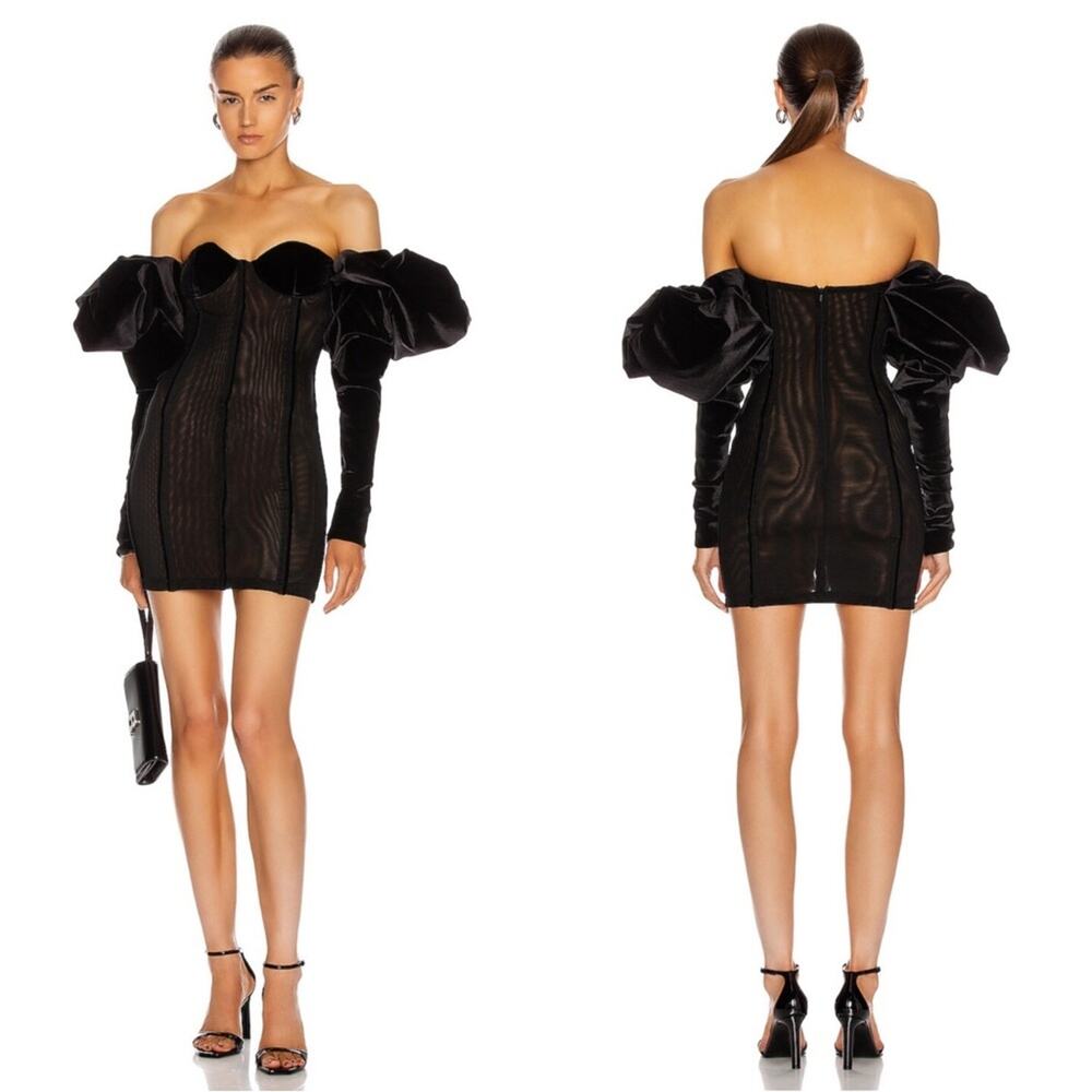 LAQUAN SMITH Off Shoulder Puff Sleeve Bustier Black Mini Dress Size Large